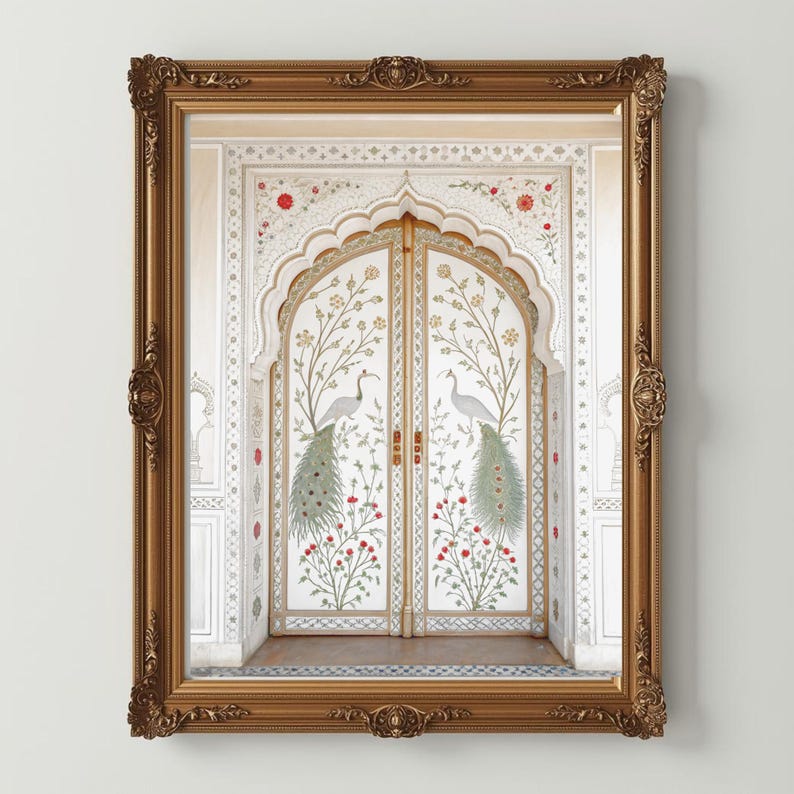 May include: A framed print featuring a detailed illustration of a white door with peacock and floral designs. The door is framed by an ornate gold frame. The artwork has a vintage aesthetic and is set against a neutral background.