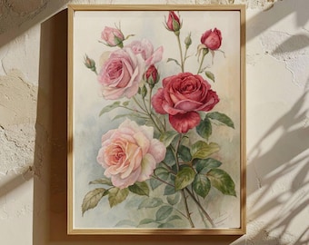 Arte murale con rose vintage, stampa botanica, poster floreale antico, decorazione floreale romantica, download digitale