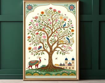 May include: A framed art print featuring a vibrant tree of life design. The artwork showcases a detailed tree with colorful flowers, birds, and animals, set against a cream background. The print is framed in a gold-colored frame.
