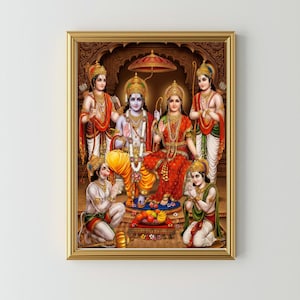 Ram Darbar Wall Art, Sita ji print, Lakshman Hanuman Painting, Hindu god, pooja room