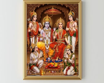 Arte de parede Ram Darbar, impressão de Sita ji, pintura de Lakshman Hanuman, deus hindu, sala de puja