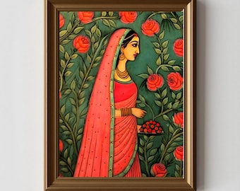 Madhubani wall art, Indian Woman Print, Floral Folk Art ,lady in the garden, Traditional Ethnic