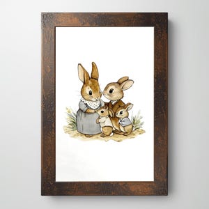 May include: A framed print featuring a watercolor illustration of a rabbit family. The mother rabbit wears a gray dress and a white collar. The father rabbit wears a brown suit. Two smaller rabbits are in the front, wearing jackets. The frame is a dark brown color.