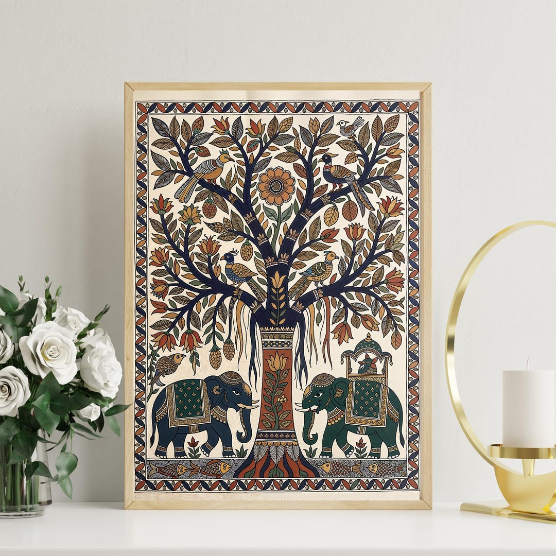 Madhubani Tree of Life Elephants Print, Peacock Painting, Indian Folk ...