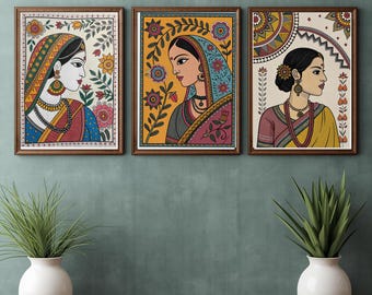 woman Wall Art, Indian Folk Flower Painting, Boho Botanical Print, Madhubani Traditional Decor
