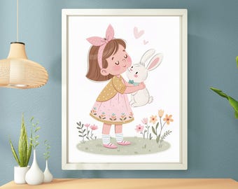 Girl Wall Art, Kids Room Decor, Whimsical Nursery, Spring Bunny Gift for Kids