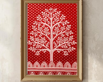 Madhubani Wall Art, Tree of Life, White Tree on Red Background, Indian Folk print