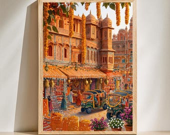 Indian Street Scene wall art print, Vibrant Travel Poster, Jaipur Market place, Hawa Mahal,