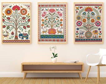 Impression arbre de vie Madhubani, art folklorique indien, décoration bohème (téléchargement numérique)