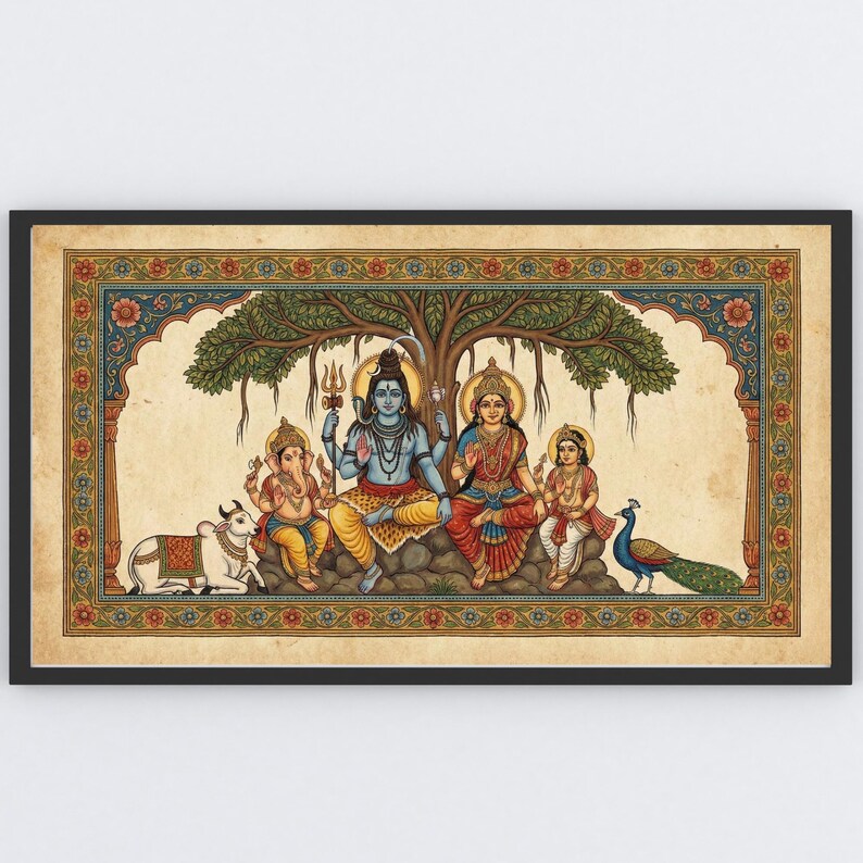 Puede incluir: Ilustraci&oacute;n enmarcada y colorida que representa deidades hind&uacute;es bajo un &aacute;rbol. La obra presenta a Shiva, Parvati, Ganesha y Kartikeya, con un pavo real y una vaca. El estilo es tradicional, con detalles intrincados y colores vibrantes.
