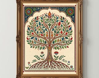 May include: A framed art print featuring a detailed tree illustration with colorful leaves, berries, and flowers. The artwork is set against a cream-colored background and framed in a decorative gold-toned frame. The tree's roots are visible, and the design has an ornate, folk art style.