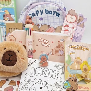 May include: A collection of Capybara-themed stationery and accessories. Includes a backpack, pencil case, stickers, a plush coin purse, coloring book, and a multi-colored pen. The items feature illustrations of capybaras in various designs and settings.