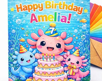 Tarjeta de cumpleaños personalizada con diseño de ajolote / Tarjeta de cumpleaños infantil adorable / Tema de ajolote submarino / Añade invitaciones de fiesta a juego