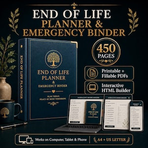 End of Life Planner, Emergency Binder, 450 Page Estate Planning Binder, Printable Fillable PDF, Important Documents Organizer, Builder