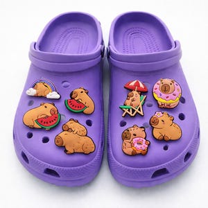 May include: A pair of purple slip-on clogs decorated with various capybara-themed charms. The charms feature capybaras with watermelons, a rainbow, a beach chair with an umbrella, a pink donut, and a flower. The clogs have a perforated design.