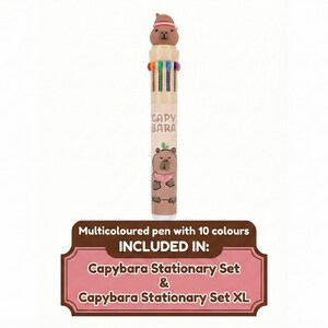 May include: A multi-colored pen with 10 colors, featuring a capybara design. The pen has a brown body with a capybara illustration and the text "CAPY BARA". The pen is included in the Capybara Stationary Set and Capybara Stationary Set XL.