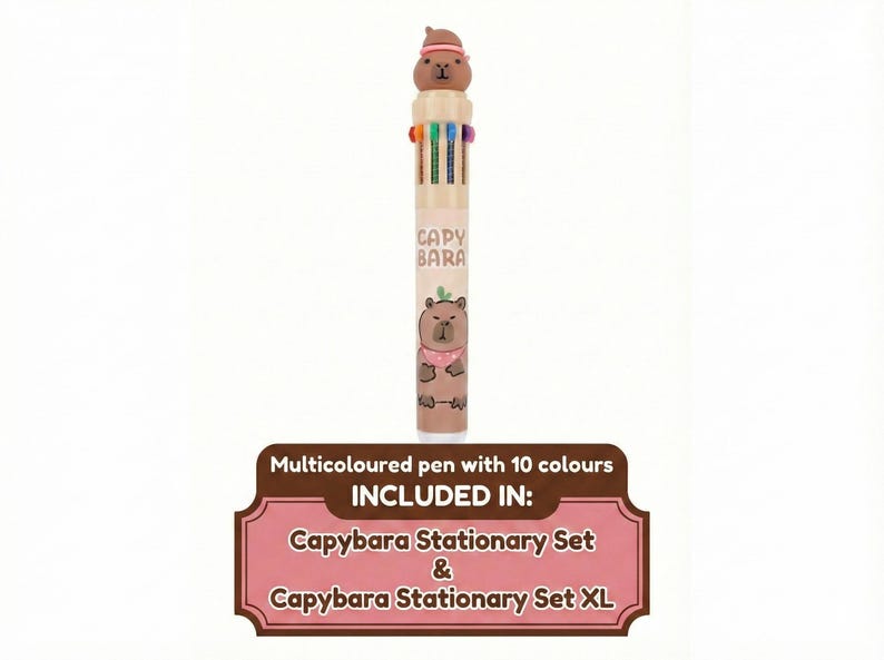 May include: A multi-colored pen with 10 colors, featuring a capybara design. The pen has a brown body with a capybara illustration and the text "CAPY BARA". The pen is included in the Capybara Stationary Set and Capybara Stationary Set XL.