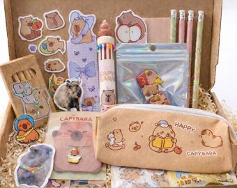 Cute Capybara Stationery Set Gift Box | Kawaii School Supplies Bundle Kids | Notebook Pens Stickers Case | Birthday Gift for Girls Boys XL