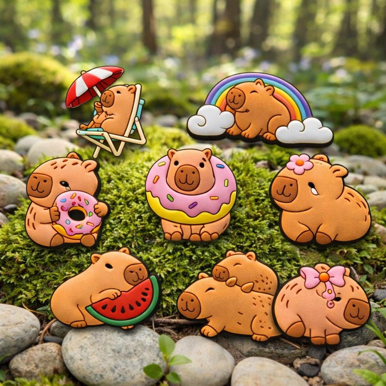 May include: A collection of eight tan capybara-shaped charms featuring various designs: one in a beach chair with a red and white umbrella, one with a rainbow, one holding a pink donut, one wearing a donut, one with a flower, one with a watermelon slice, one with a smaller capybara, and one with a pink bow.