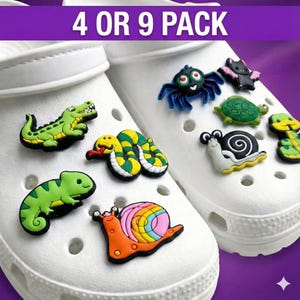 Adornos para zapatos de reptiles e insectos: caimán, serpiente y tortuga (paquete de 4 o 9)