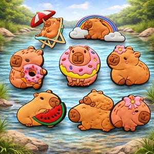 May include: A collection of seven capybara-shaped charms featuring various designs: one in a beach chair with an umbrella, one with a rainbow, one holding a donut, one wearing a donut, one with a flower, one eating watermelon, and one with a bow.
