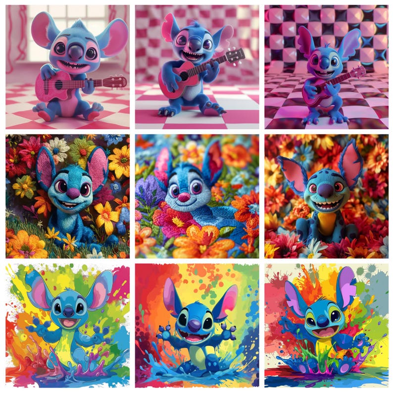 K&ouml;nnte beinhalten: Neun Bilder mit dem blauen Alien Stitch aus dem Film Lilo & Stitch. Stitch wird in verschiedenen Posen gezeigt, wie zum Beispiel beim Spielen einer rosa Gitarre oder inmitten von bunten Blumen und Farbspritzern. Die Kunstwerke haben einen cartoonartigen Stil.