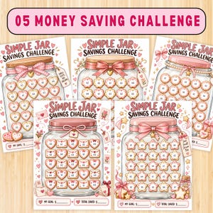 May include: Five printable money saving challenge sheets featuring illustrations of glass jars decorated with bows and ribbons. Each jar contains various shapes like hearts, flowers, and stars with dollar amounts printed inside for tracking savings goals.