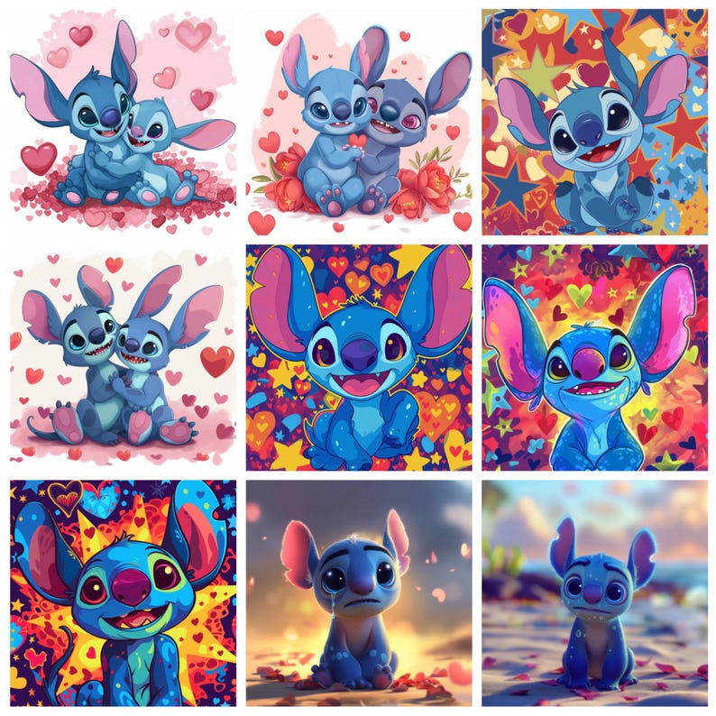 K&ouml;nnte beinhalten: Eine Sammlung von neun lebendigen Illustrationen mit der Figur Stitch aus Lilo & Stitch. Die Bilder zeigen Stitch in verschiedenen Posen, oft mit Herzen und floralen Elementen, in einem Cartoon-Stil. Die Farbpalette umfasst Blau-, Rosa- und Rott&ouml;ne.
