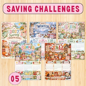 May include: A collection of five illustrated 2027 saving challenge sheets featuring seasonal themes. Each sheet displays monthly calendars, decorative graphics of animals, nature, and festive items, with the text SAVING CHALLENGES at the top.
