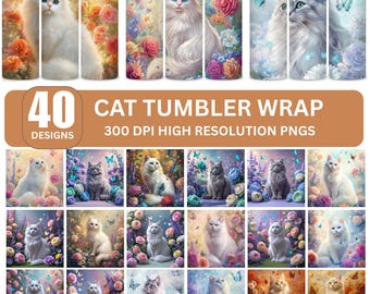 Katt Tumbler Wrap – 20oz smal sublimering PNG digital nedladdning