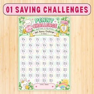 May include: A 365 Penny Challenge savings tracker sheet with a light green background, featuring a cartoon cat, a piggy bank, and a jar of coins. The chart includes 52 numbered circles with dollar amounts, a total saved box, and floral accents.