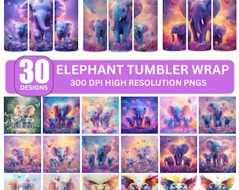 Akvarell elefant-tumblersjal: Boho-djur PNG (digital nedladdning)