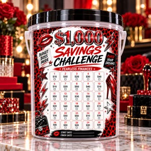 May include: A clear plastic savings challenge bucket with a black lid, featuring a red and black leopard print background. The text reads $1,000 SAVINGS CHALLENGE, BUDGET BOSS MODE, FEARLESS FINANCES, and CHASE YOUR DREAMS, with a grid of 30 numbered boxes.