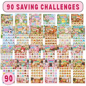 Könnte beinhalten: Eine Sammlung von 90 Spar-Challenge-Karten mit bunten Cartoon-Illustrationen von Tieren, Lebensmitteln und Leckereien. Jede Karte enthält einen Titel, wie Panda Picnic Fund oder Pizza Party Savings, sowie Reihen kleiner Kreise zur Verfolgung des Fortschritts.