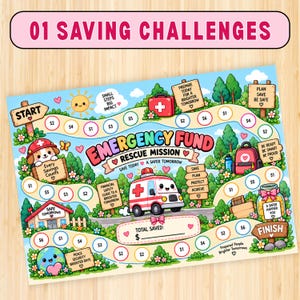 May include: A colorful printable savings challenge tracker titled Emergency Fund Rescue Mission. The board features a winding path with dollar amount circles, a cartoon ambulance, a house, a puppy, and motivational text like Small Steps Big Impact.