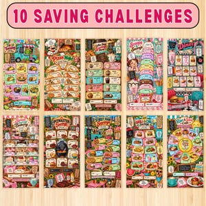 May include: A set of 10 printed saving challenge trackers featuring colorful illustrations of food themes like taco trucks, pizza nights, coffee shops, ice cream parlors, diners, bakeries, barbecue pits, street food, grills, and cafes with text.