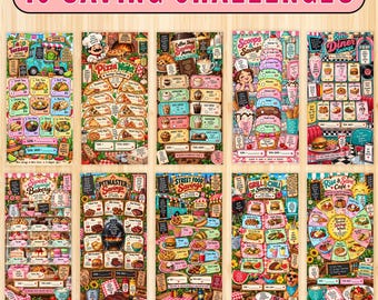 Op de afbeelding: Een set van 10 gedrukte spaarchallenge-trackers met kleurrijke illustraties van voedselthema's zoals tacowagens, pizza-avonden, koffiebars, ijssalons, diners, bakkerijen, barbecues, streetfood, grills en cafés met bijbehorende tekst.