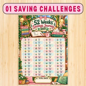 May include: A 52-week savings challenge tracker for 2027 featuring a cozy room illustration with a cat, books, and plants. The chart includes 52 numbered boxes with flower icons and British pound currency symbols for tracking weekly savings.