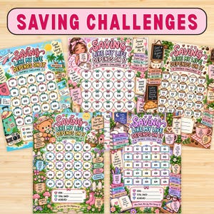 May include: Five colorful printed savings challenge sheets featuring various themes like travel, self-care, coffee, gardening, and reading. Each sheet includes numbered icons for tracking progress, goal sections, and the text Saving Like My Life Depends On It.
