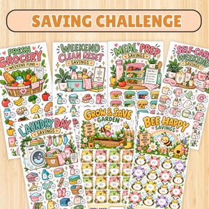 May include: A collection of seven illustrated savings challenge trackers featuring themes like Fresh Grocery, Weekend Clean Reset, Meal Prep, Self-Care, Laundry Day, Grow & Save Garden, and Bee Happy, each with colorful icons and dollar amounts.