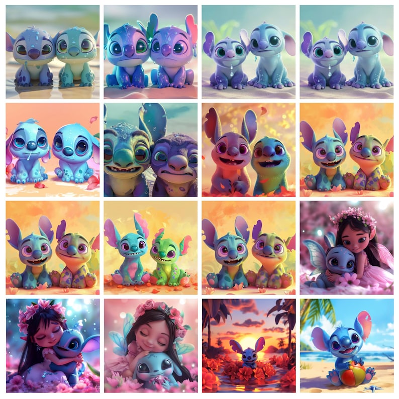 K&ouml;nnte beinhalten: Eine Collage farbenfroher Illustrationen mit der Figur Stitch aus Lilo & Stitch. Die Bilder zeigen Stitch in verschiedenen Posen, oft mit anderen Charakteren, vor Hintergr&uuml;nden von Str&auml;nden, Blumen und Sonnenunterg&auml;ngen. Die Kunstwerke sind lebendig und detailliert.