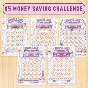 May include: Five printable money saving challenge sheets featuring a Simple Jar Savings Challenge design. Each sheet displays a large glass jar with a purple lid and bow, filled with star, moon, and cloud shapes containing dollar amounts.