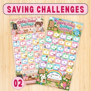 May include: Two rectangular paper saving challenge trackers with colorful sticky note designs. The left sheet features a bakery theme with numbered boxes, while the right sheet displays a garden theme with numbered boxes, a rainbow, and a small white rabbit.