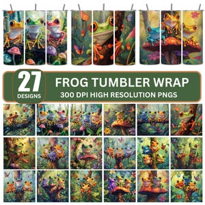 Peut inclure: Collection de 27 motifs d'emballage pour gobelets à l'effigie de grenouilles. Les motifs présentent des grenouilles colorées dans un cadre forestier fantaisiste avec des champignons et des papillons. Le texte "FROG TUMBLER WRAP" et "27 DESIGNS" est affiché.