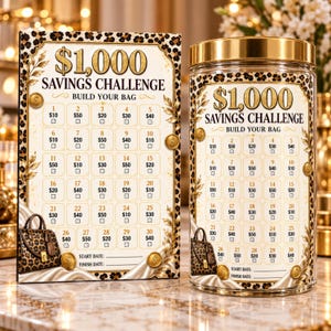 May include: A rectangular sign and a cylindrical glass jar with a gold lid, both featuring a $1,000 Savings Challenge Build Your Bag design with leopard print borders, gold leaf accents, and a grid of thirty numbered boxes with dollar amounts.