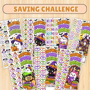 May include: A collection of seven rectangular Halloween Spooky Savings challenge trackers. Each sheet features colorful illustrations of ghosts, cats, pumpkins, and candy, with various dollar amounts printed inside shapes for tracking savings.