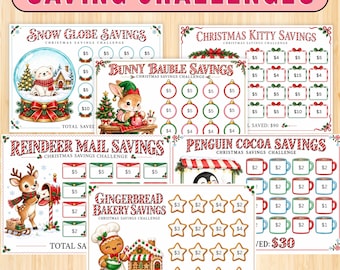 May include: A collection of six Christmas-themed savings challenge trackers featuring illustrations of a polar bear in a snow globe, a bunny, a reindeer, a penguin, and a gingerbread person, with various dollar amounts printed in shapes.