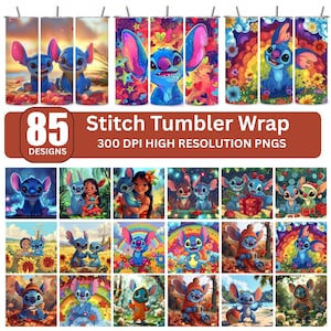 K&ouml;nnte beinhalten: Eine Sammlung von Stitch-Tumbler-Wraps mit verschiedenen farbenfrohen Designs. Die Wraps zeigen Stitch in verschiedenen Umgebungen, mit lebendigen Hintergr&uuml;nden und dem Text "85 DESIGNS" und "Stitch Tumbler Wrap". Das Bild ist hochaufl&ouml;send.
