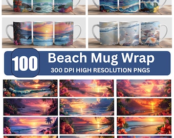 Tropisk strandmuggomslag: Design med kustsolnedgång (digital nedladdning, 330 g PNG-filpaket)
