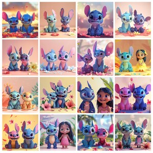 K&ouml;nnte beinhalten: Eine Sammlung farbenfroher, digital gerenderter Bilder mit der Figur Stitch aus dem Animationsfilm Lilo & Stitch. Die Bilder zeigen Stitch in verschiedenen Posen, oft mit anderen Charakteren, vor floralen und pastellfarbenen Hintergr&uuml;nden.